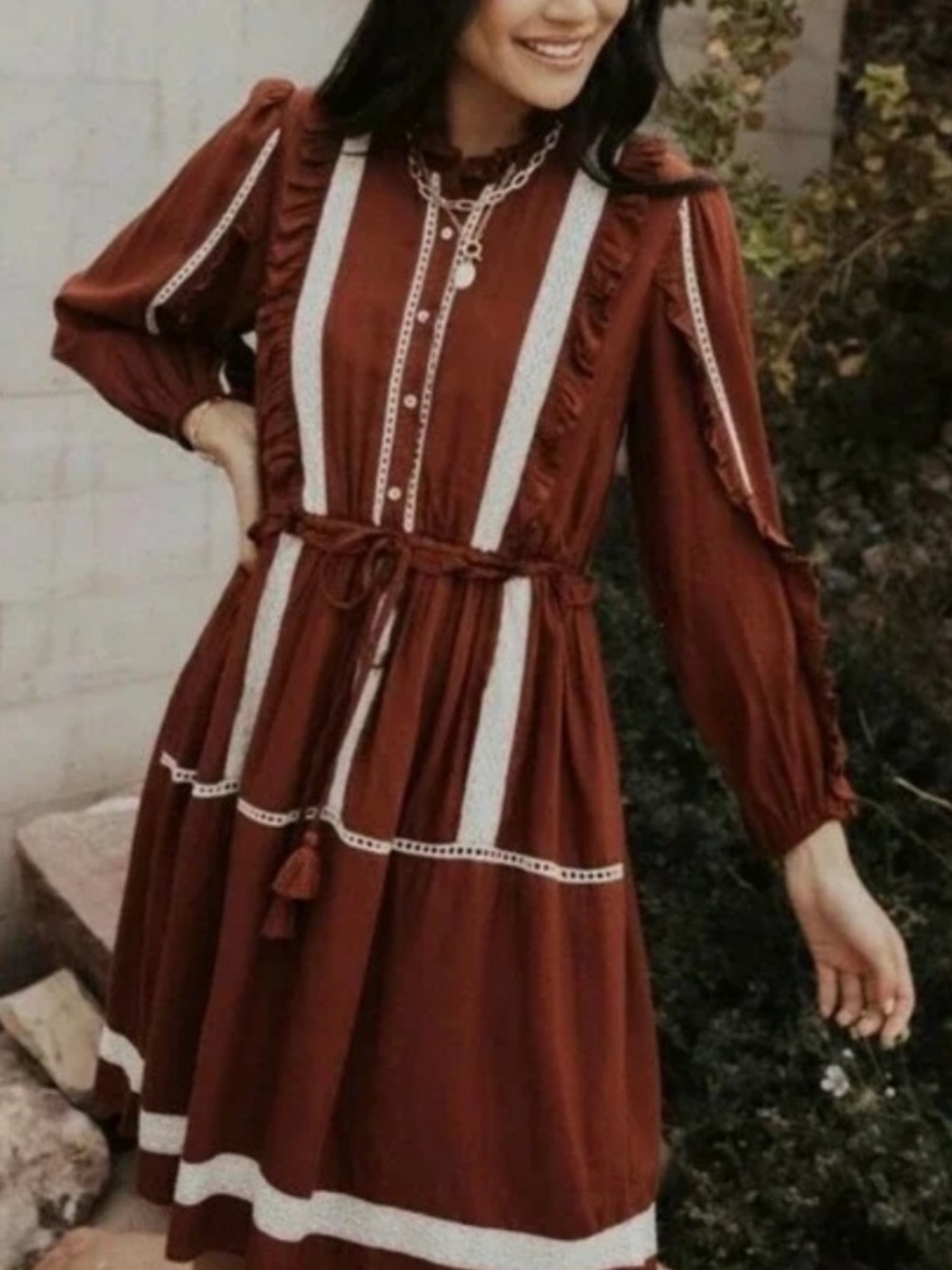 Böhme Zoe Ruffle Lace Trim Dress Women’s Medium Long Sleeve Prairie Dress